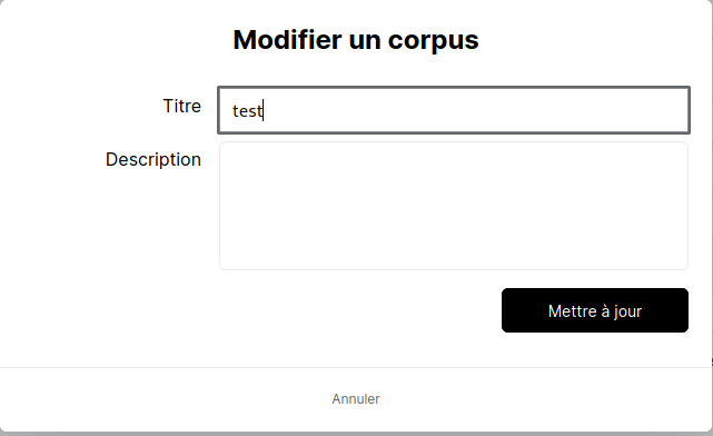 Formulaire d'édition des informations du corpus